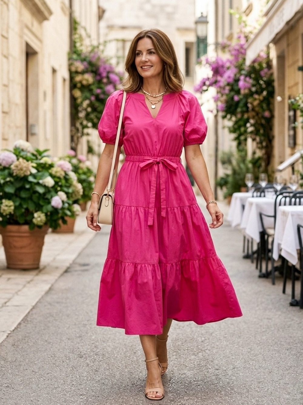 Anne Klein Pink Puff Sleeve Midi Dress Size L